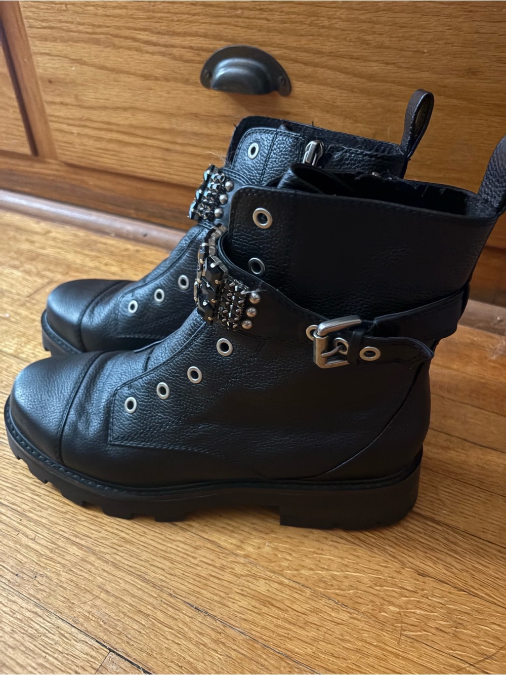 Karl Lagerfeld Paris Black Leather Stud-Embellished Combat Boots